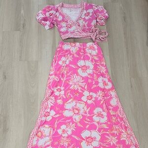 Lilly Pulitzer Sailynn Pink Floral Maxi Dress top and skirt set sz medium